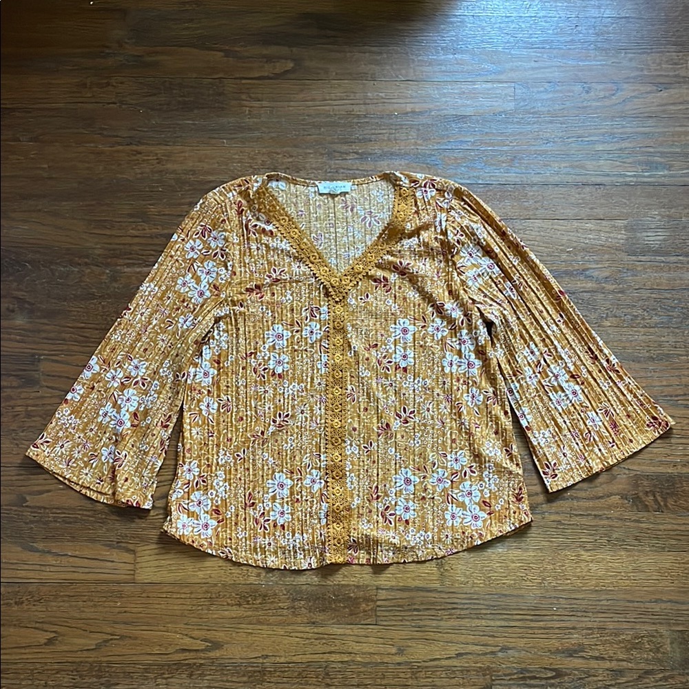 Rio & Rian Mustard Floral V-Neck Bell Sleeve Top